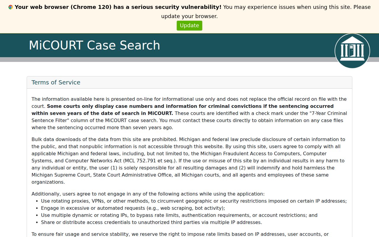 MiCOURT public case search entry for Monroe County case records