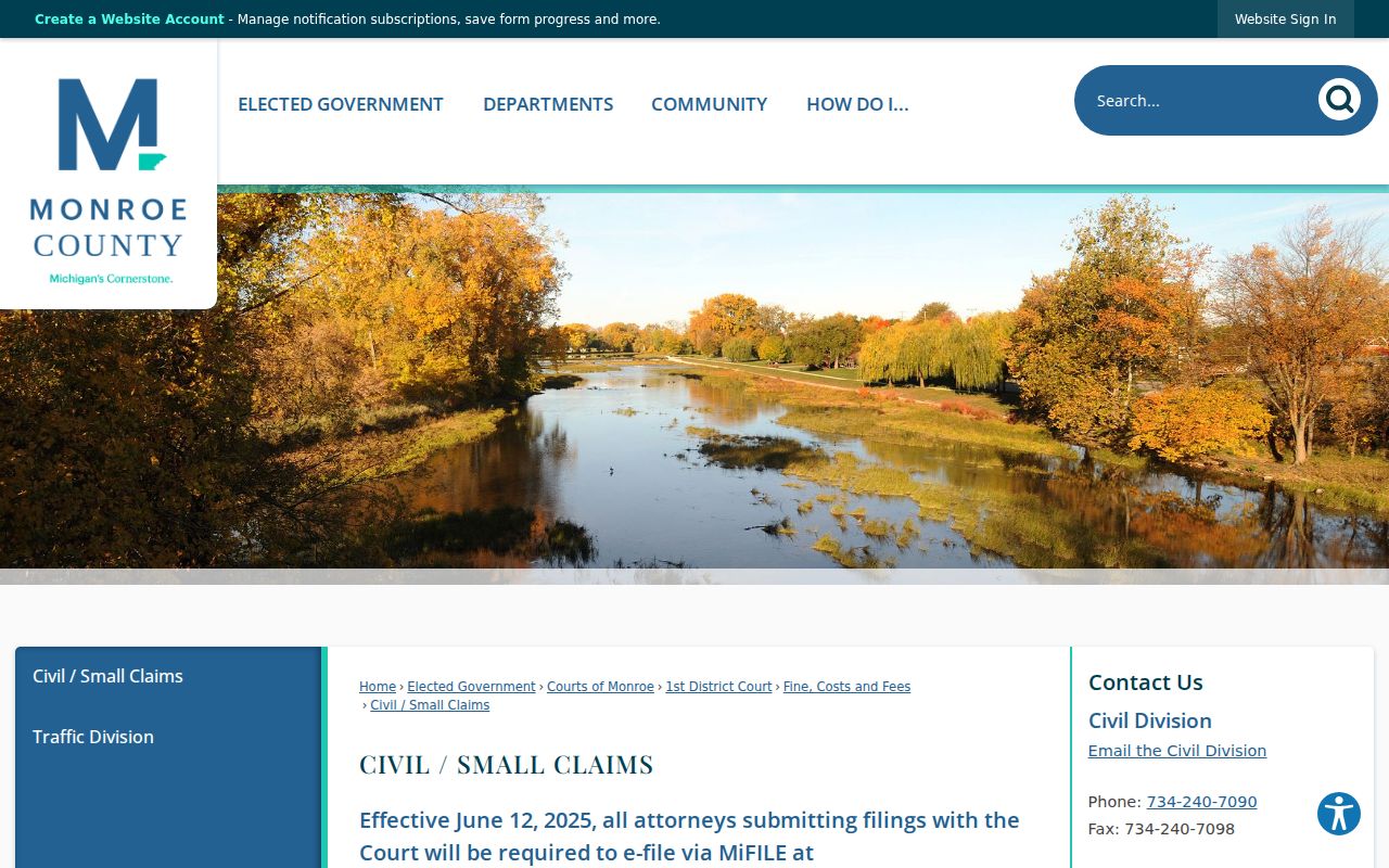 Monroe County civil docket Civil and Small Claims categories and fee information