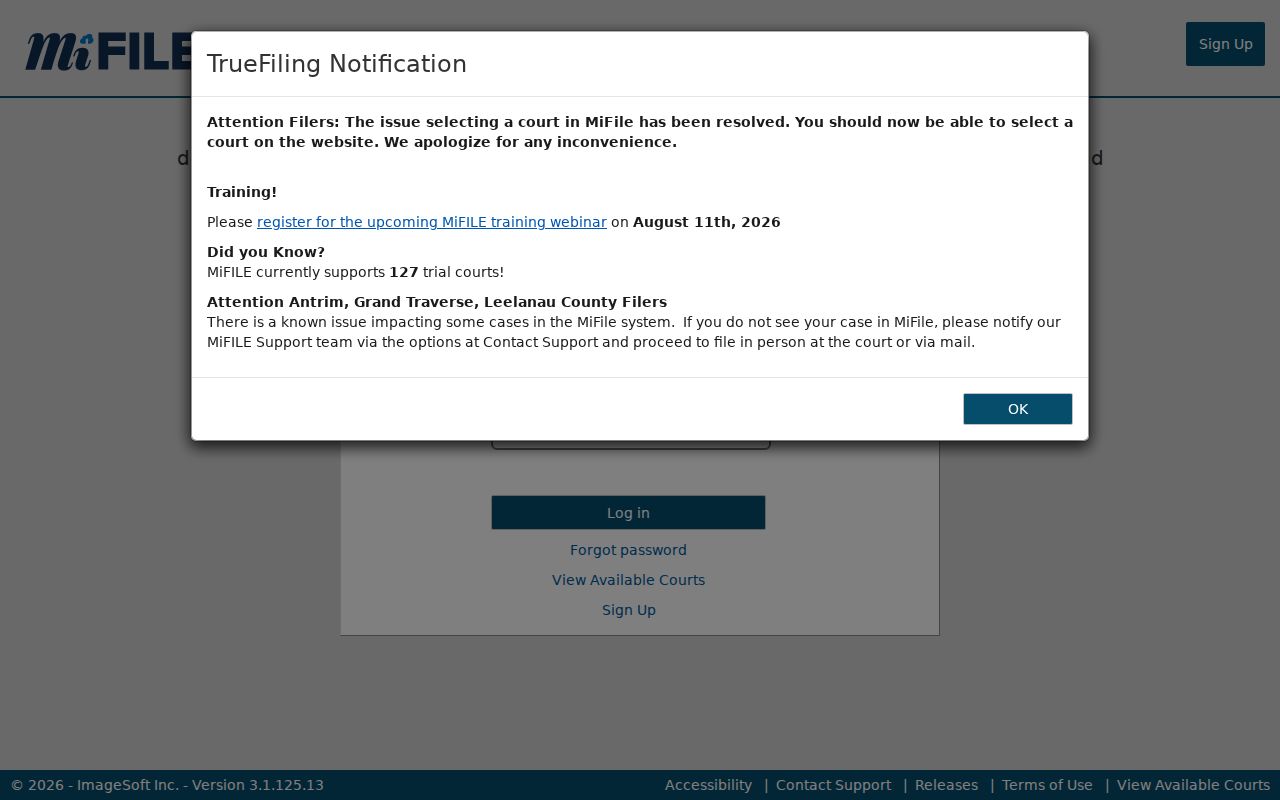 Monroe County civil docket MiFILE electronic filing sign-in page