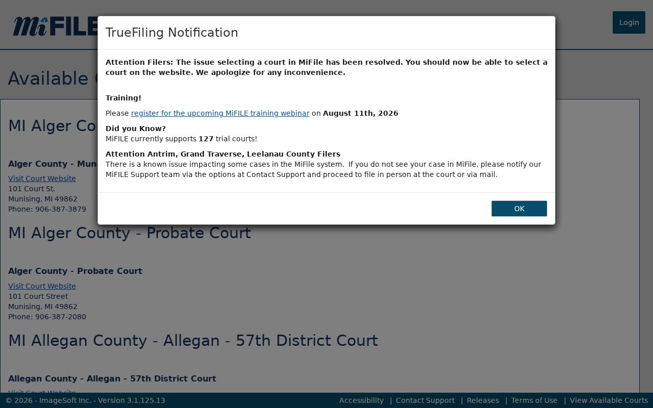 Monroe County civil docket MiFILE participating courts and case types
