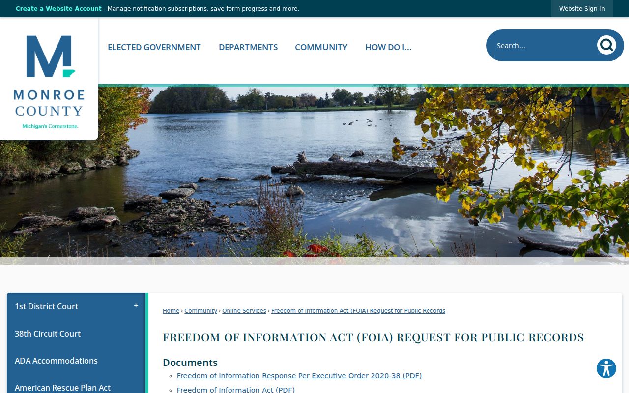 Monroe County FOIA request page showing the administrative records route